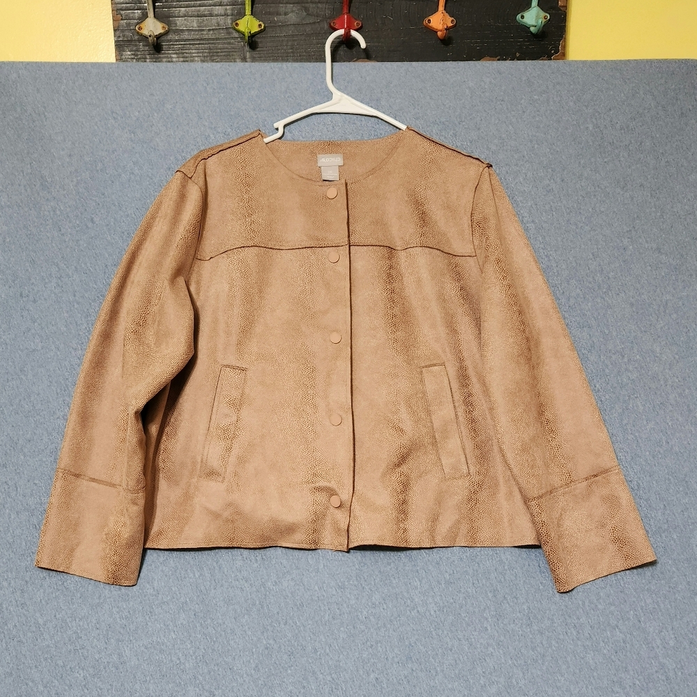 Chicos scuba suede long sleeved button up shirt. Leather look. Size 2P